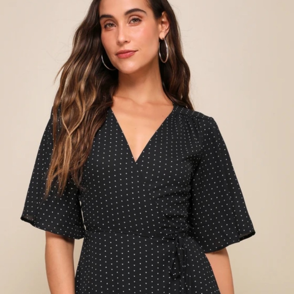 Lulus Farah Black Print Midi Wrap Dres - Picture 2 of 8